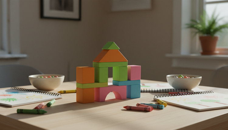 Tower of colorful blocks on a table with crayons