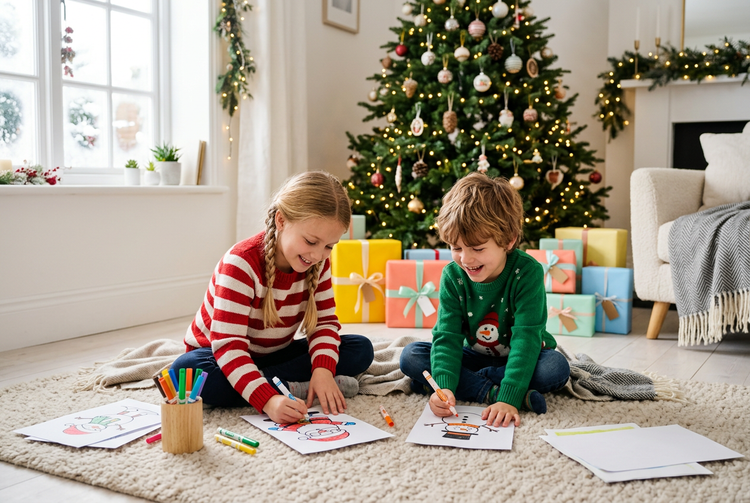 Two kids colouring drawings by the Christmas tree